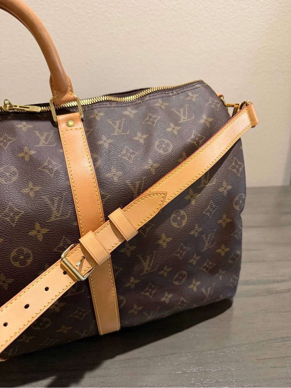 Louis Vuitton Keepall 50 Brown Monogram Leather Travel Duffel Bag with Strap